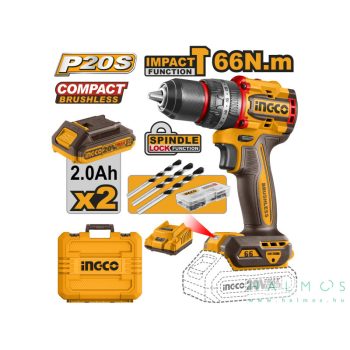   INGCO akkus ütvefúró, csavarbehajtó, 66 Nm szénkefe nélküli 20 V